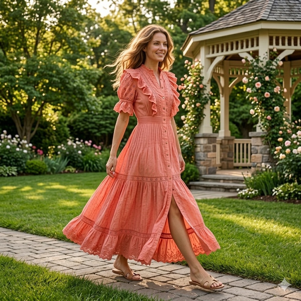 Ulla Johnson Halley Dress Coral sleeve embroidered eyelet midi modest prairie